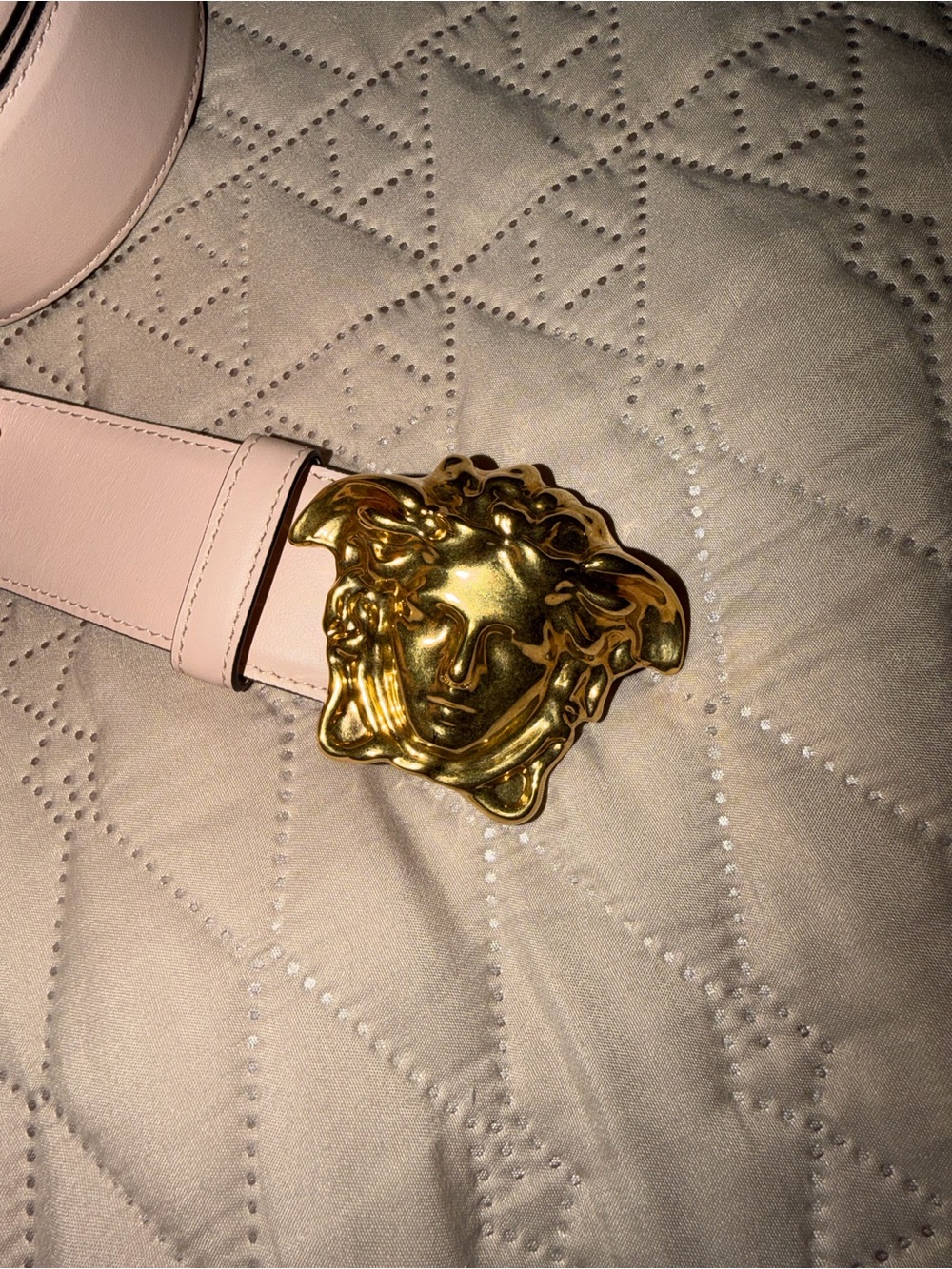Versace Pale Pink Leather Belt with Gold Medusa Buckle